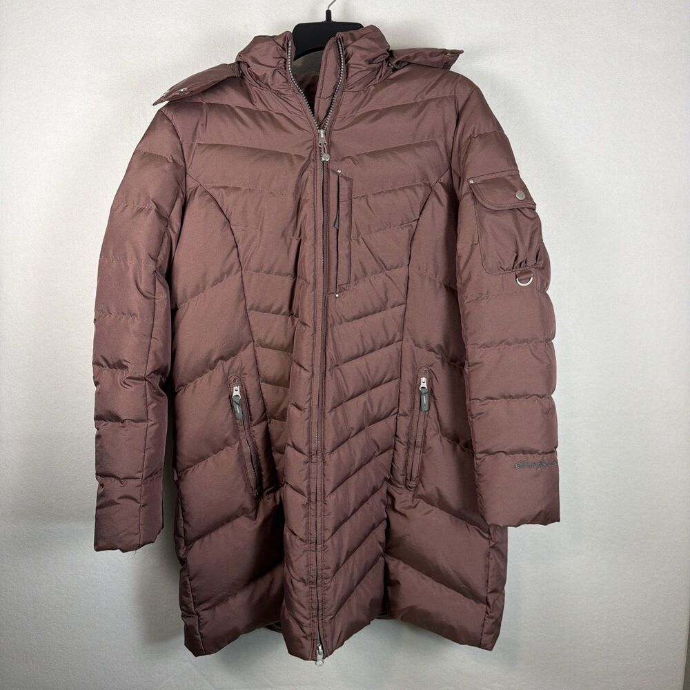 Eddie Bauer Womens PXL Mauve Pink Down Quilted Puffer Parka Hooded Jacket